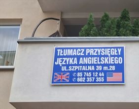 szyld, All Right. Tłumacz przysięgły języka angielskiego. Niemira-Ptak W., Białystok